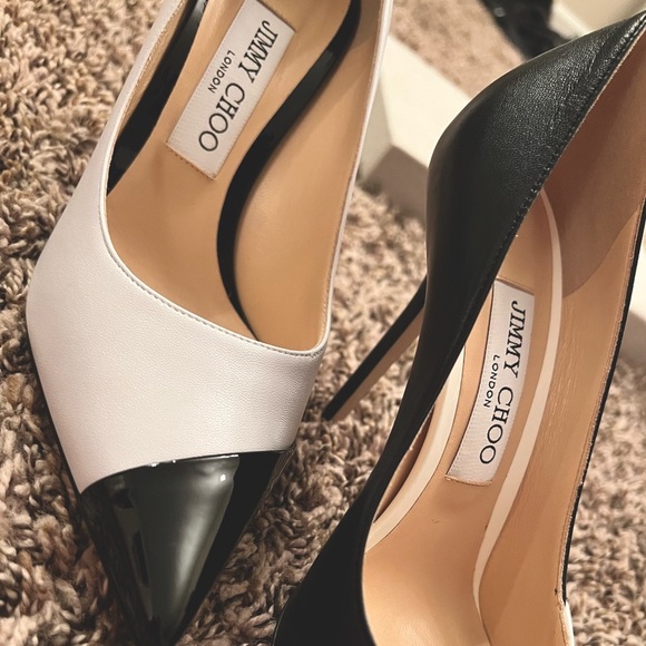 Jimmy Choo Black and White Love 100 Asymmetrical Two-tone Leather Pumps - Picture 2 of 12